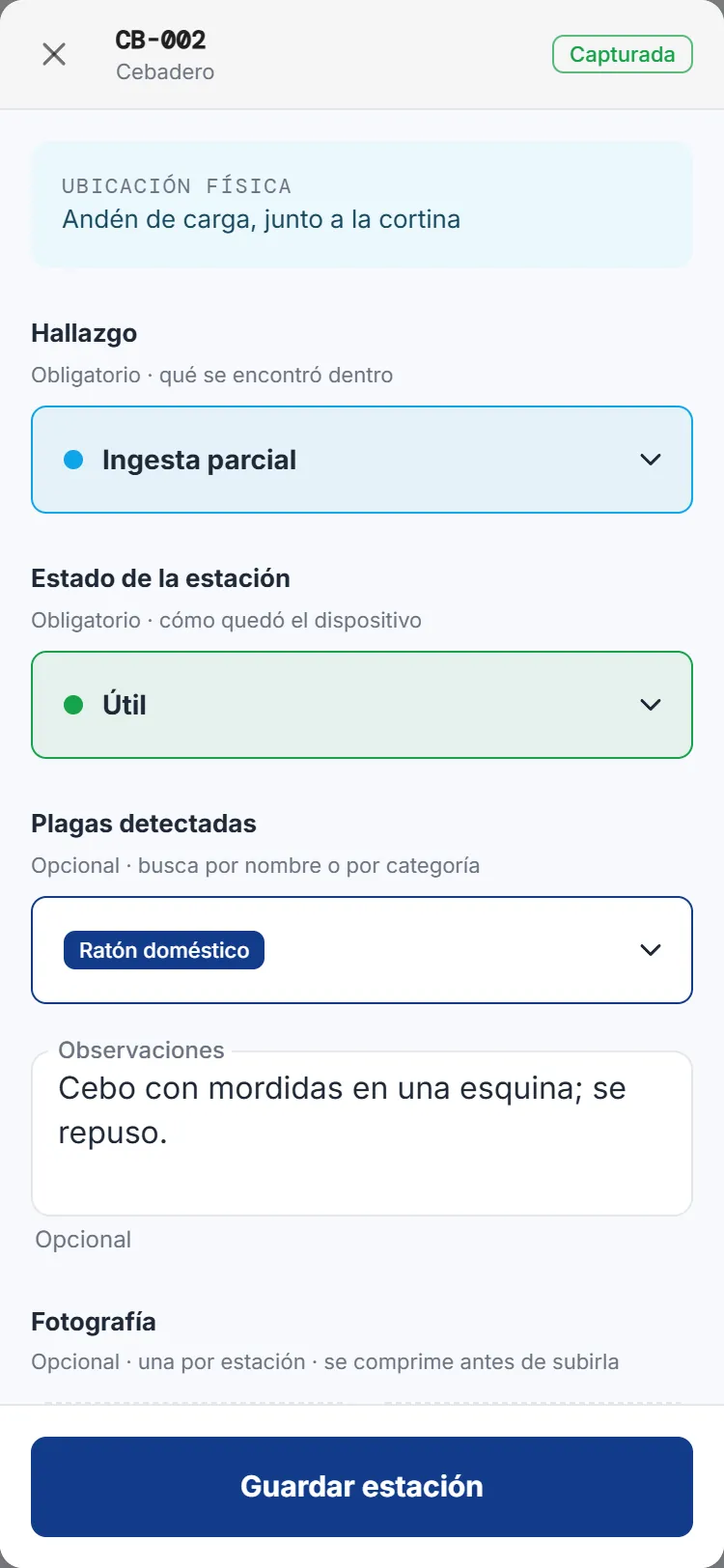 Station inspection form with sample data: finding, device condition and detected pest