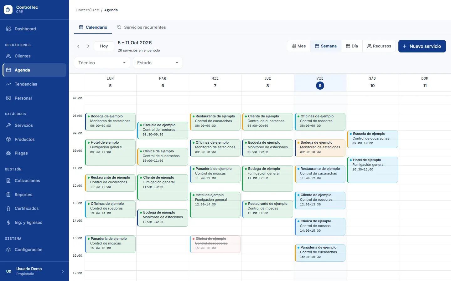 Weekly schedule with sample services, colored by status