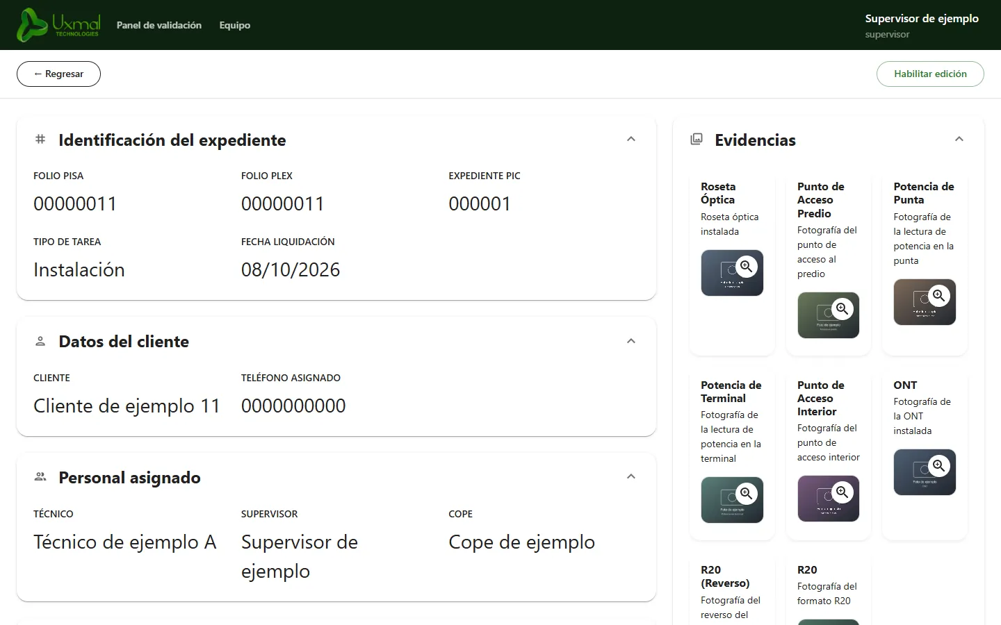 Review of a report with sample data: case, customer, and assigned staff details next to the eight evidence photos.