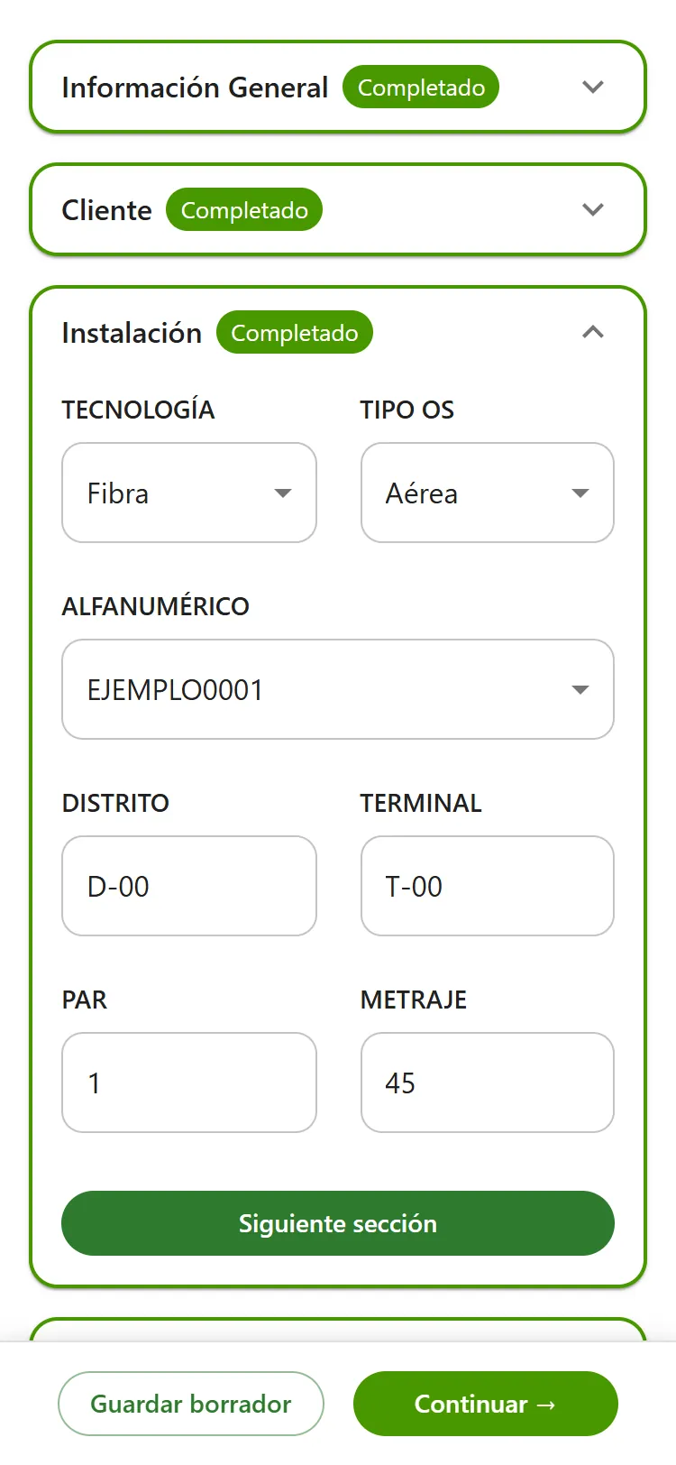 Technician form on a phone with sample data: installation section with technology, order type, assigned ONT, district, terminal, pair, and cable length.